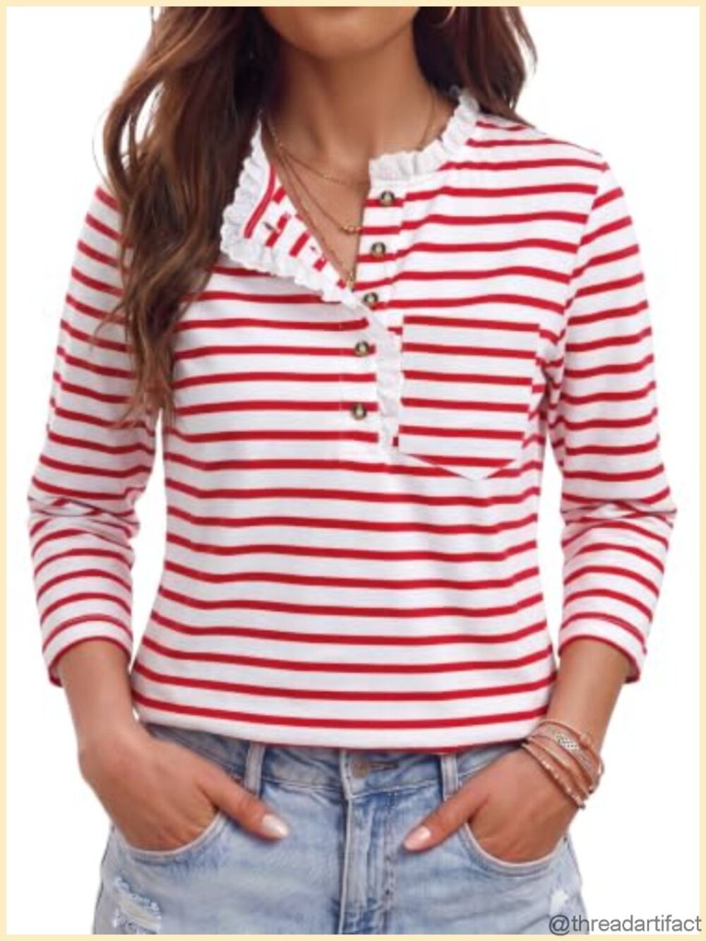 Women's 3/4 Sleeve Ruffle Lace Trim Striped Henley T Shirt